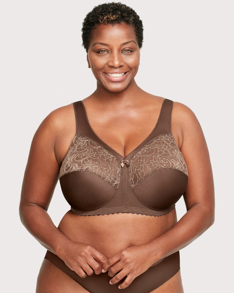 Front of a model wearing a size 46F MagicLift Original Support Bra in Mocha by Glamorise. | dia_product_style_image_id:263213